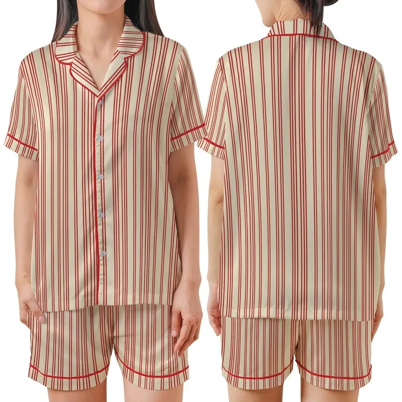 Family Christmas: Cream & Red Triple Vertical Stripe Polyester Spandex Pajamas Set Satin Short-Sleeve Pajamas Set - ig_cDCmgua