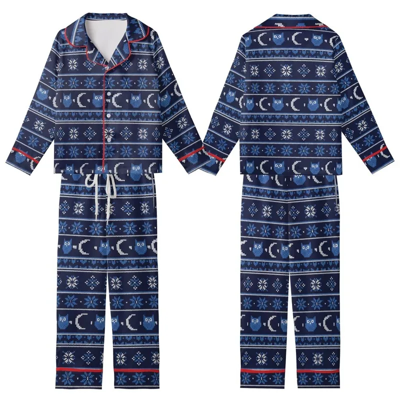 Scandinavian Fair Isle Night Owl Pajamas: Navy Blue Owl, Moon & Star Pattern Kid Satin Pajamas Set - 1