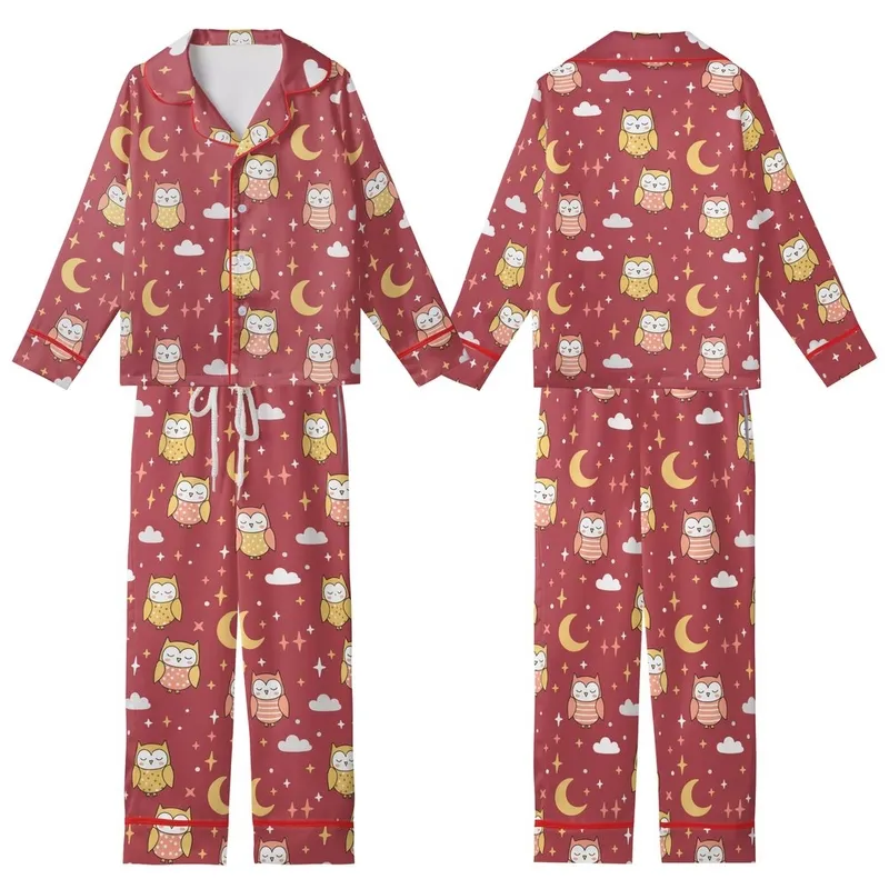 Family Matching Pajamas: Whimsical Sleeping Owls & Starry Night Print - Soft Poly Spandex Set Kid Satin Pajamas Set - 1