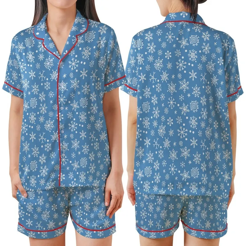 Family Holiday: Vibrant Blue Snowflake Pattern, White Winter Flakes - Polyester Spandex Sleep Set Satin Short-Sleeve Pajamas Set - 6VGVVTTbNS