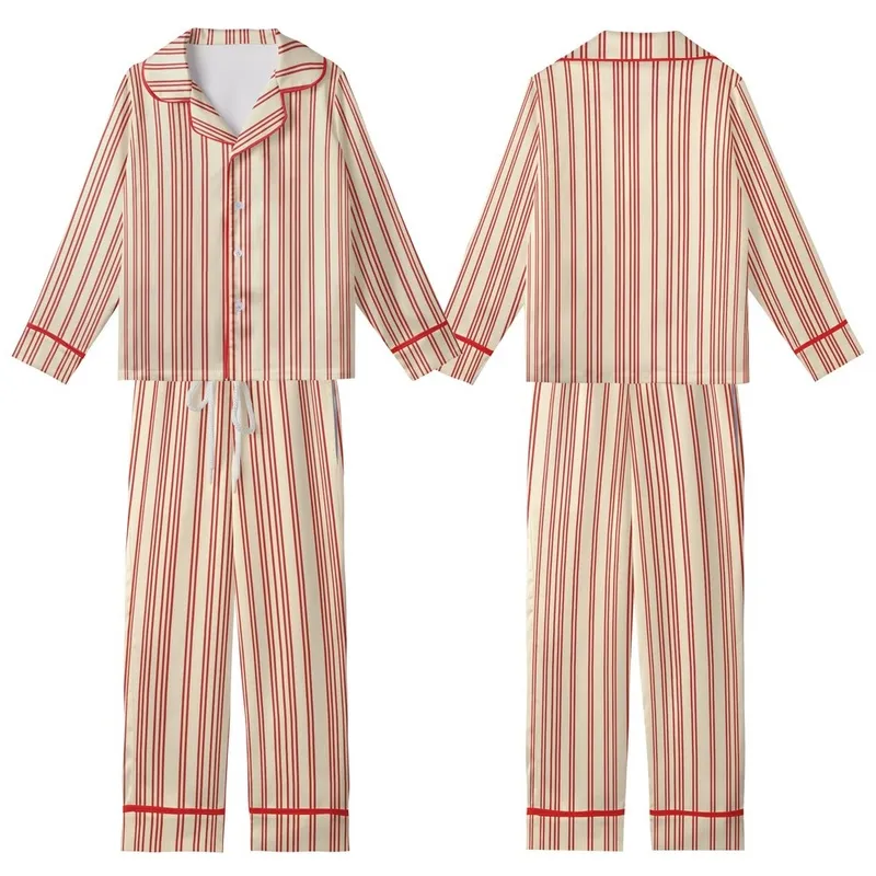 Family Christmas: Cream & Red Triple Vertical Stripe Polyester Spandex Pajamas Set Kid Satin Pajamas Set - dLDMRo-l2c