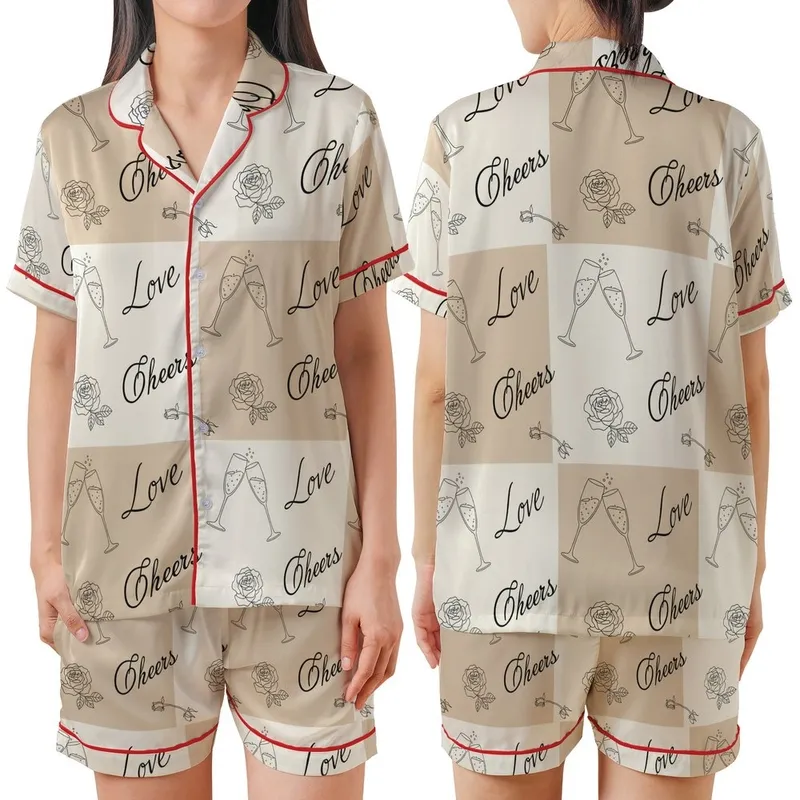 Bridesmaid Satin Pajamas: Champagne Flute & Rose Pattern – Bridal Sleep Set Kid Satin Pajamas Set - 1