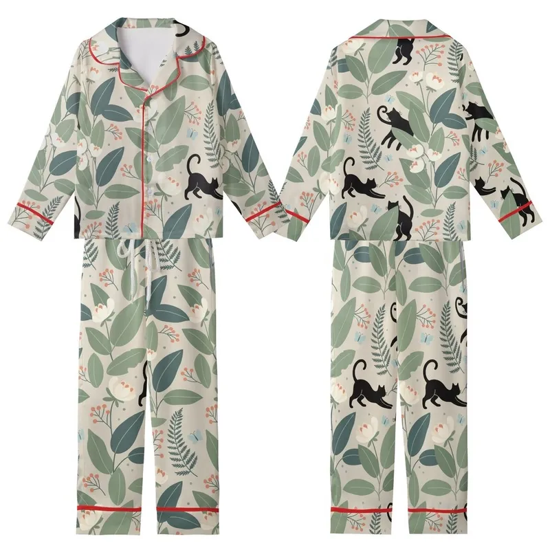 Women's Whimsical Black Cat Botanical Pajama Set: Sage Floral Silhouette Sleepwear Kid Satin Pajamas Set - OzfjBBTkFF