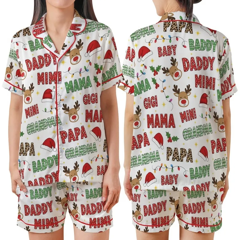 Festive  Pattern: Glitter Knit Leopard Reindeer Santa Holly Lights Satin Short-Sleeve Pajamas Set - 1
