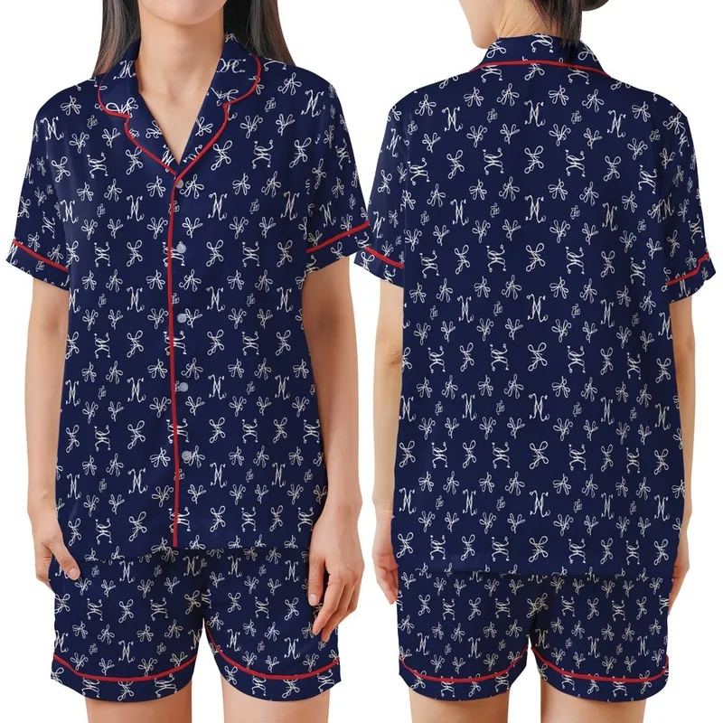 Refined Individuals' Dark Navy White Intertwined E M Script Monogram Repeating Pattern Satin Short-Sleeve Pajamas Set - d0a-h7XibG