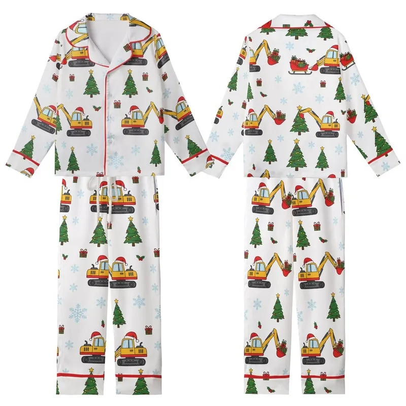 Cheerful Yellow Excavator: Santa Hat Digger Christmas Presents & Tree Seamless Pattern - Holiday Print Kid Satin Pajamas Set - 1