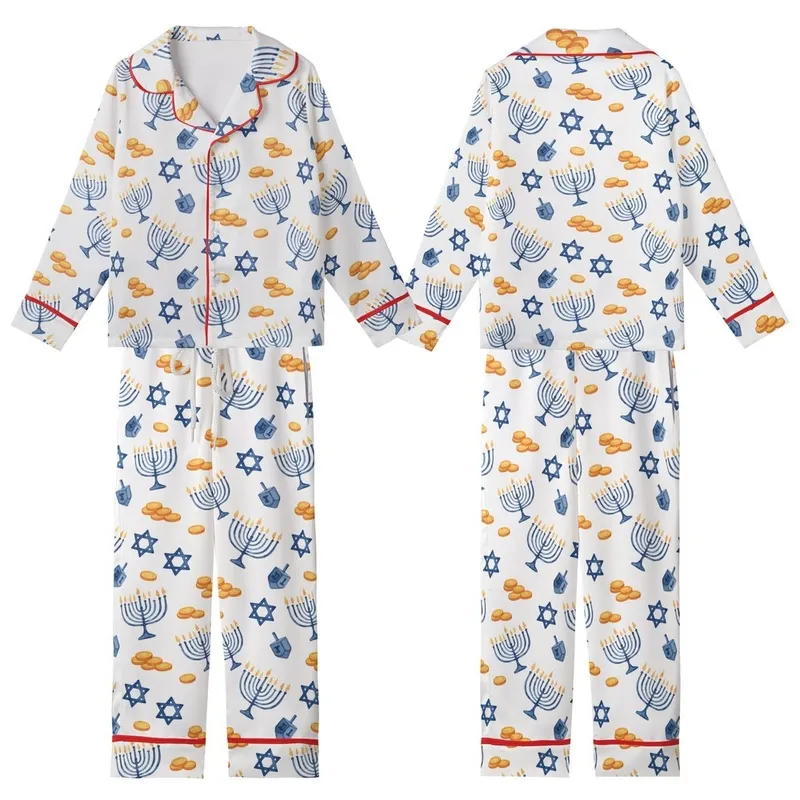 Families' Festive Hanukkah Watercolor Pattern with Blue Menorahs, Dreidels, Stars, Golden Gelt Kid Satin Pajamas Set - 1