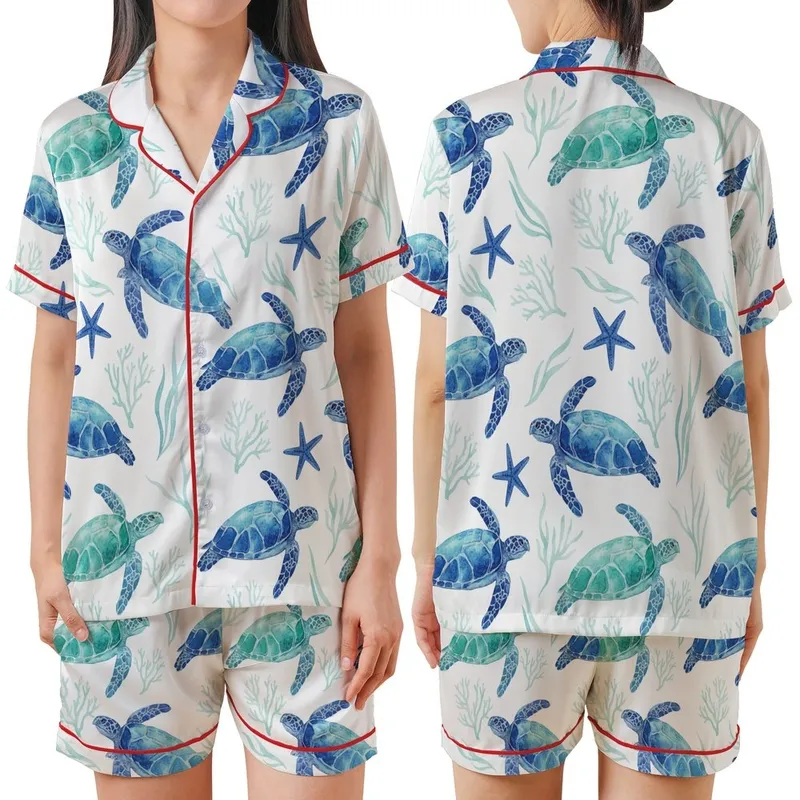 Women's Vibrant Blue Sea Turtle & Starfish Satin Sleep Set Satin Short-Sleeve Pajamas Set - fTLmuDkjJF
