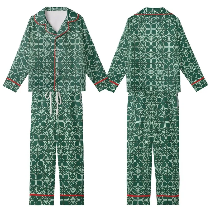 Women's Emerald Green Monogram Satin Sleep Set – Cream Abstract Filigree Loungewear Kid Satin Pajamas Set - 1