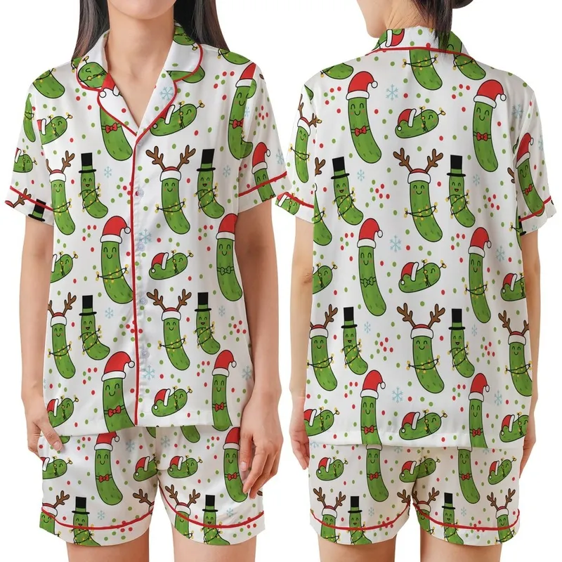 Family's Funny Pickle Christmas Pajamas: Cartoon Santa Hat, Reindeer Antler & Lights Pattern Satin Short-Sleeve Pajamas Set - 1
