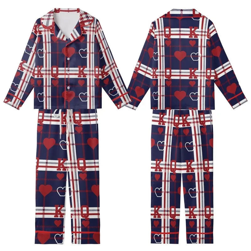 Couples' King Queen Heart Plaid Pattern Cotton Flannel Sleep Set Kid Satin Pajamas Set - 28xbSX8R5e