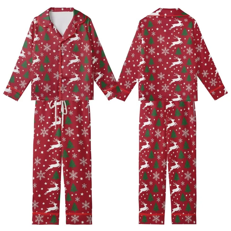 Women's Red Reindeer Snowflake Christmas Tree One-Piece Pajamas Kid Satin Pajamas Set - 1