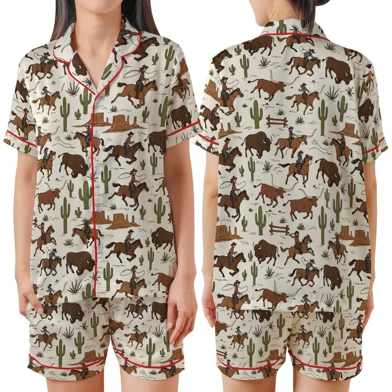 Women's Retro Cowgirl Pajamas: Hand-Drawn Bronc Rider & Saguaro Western Cotton PJs Satin Short-Sleeve Pajamas Set - 1