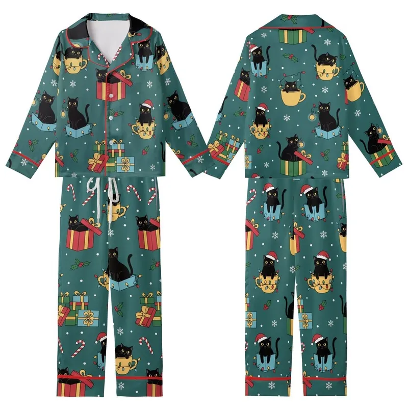 Cat Lover's Teal Black Cat Christmas Pajama Set: Whimsical Santa Hat, Light & Gift Pattern Kid Satin Pajamas Set - 1