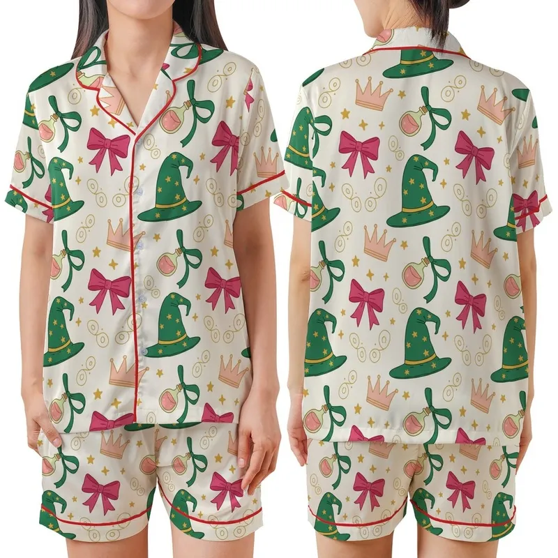 Family Wicked Whimsical Pajamas: Emerald Witch Hat & Fuchsia Bow Knit Set Satin Short-Sleeve Pajamas Set - 1