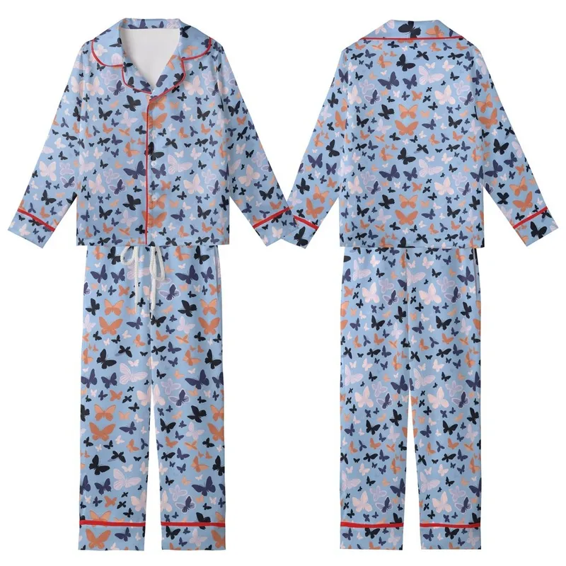 Women's Delicate Butterfly Swarm Pastel Silk Pajama Set: Sky Blue Sleepwear Kid Satin Pajamas Set - 1