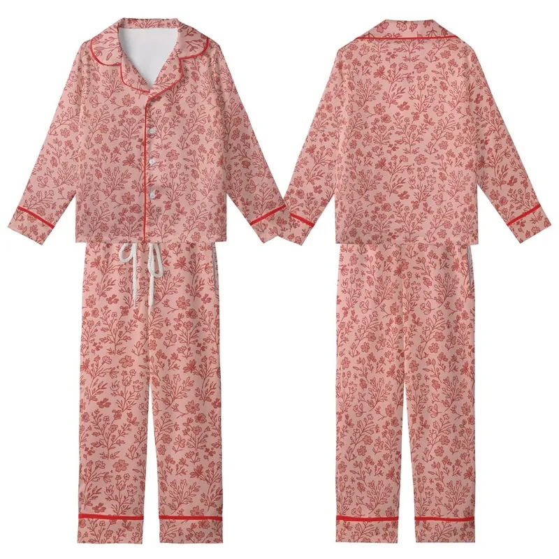 Women's Gentle Skin Loungewear: Rustic Terracotta Wildflower Print Bamboo Cotton Kid Satin Pajamas Set - 6j0vcfASAh