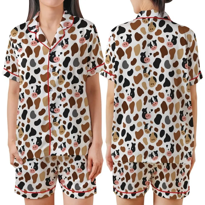 Women's & Family Playful Cow Print Pajamas: Organic Spot & Moo Face Silky Sleep Set Satin Short-Sleeve Pajamas Set - 1