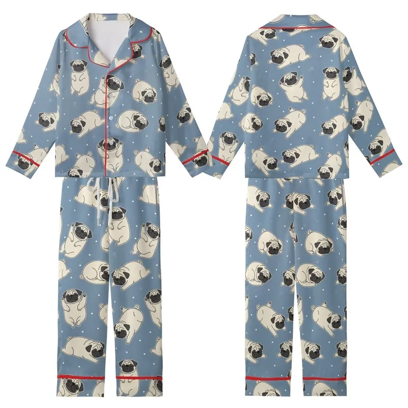 Pug Lovers' Muted Dusty Blue Seamless Pattern with Cute Resting Cream Pugs, White Outlines, and Polka Dots Kid Satin Pajamas Set - 1