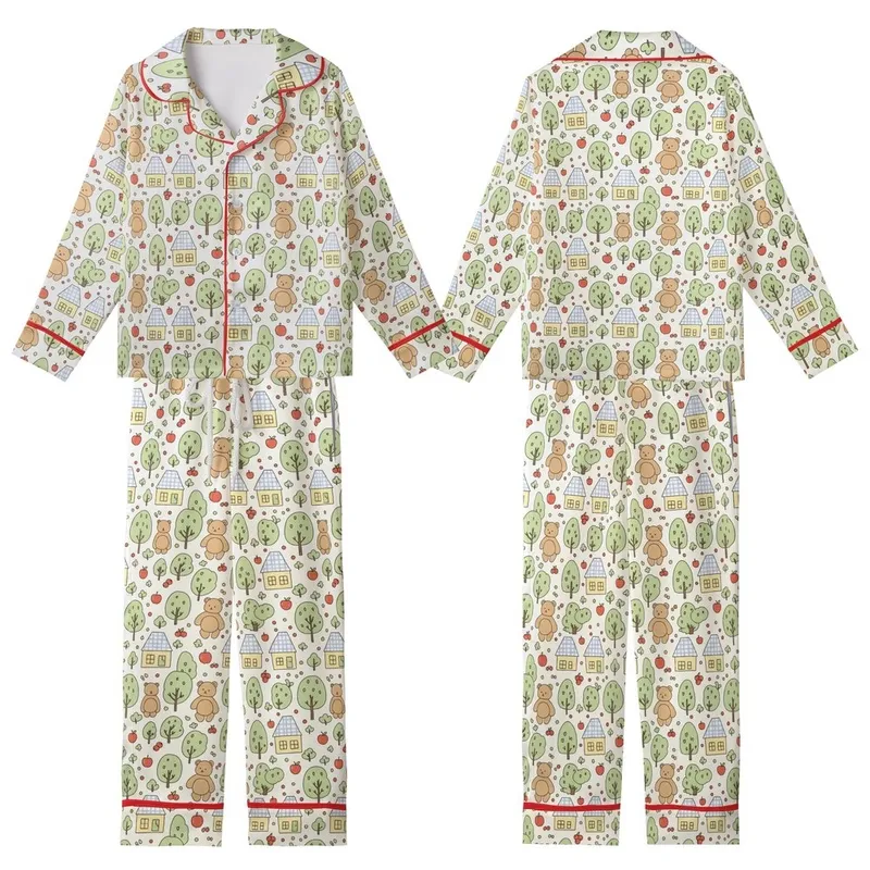 Childlike Aesthetic Adorers' Whimsical Hand-Drawn Teddy Bear Cottage Pattern: Light Brown, Pale Yellow on Creamy Off-White Kid Satin Pajamas Set - 1