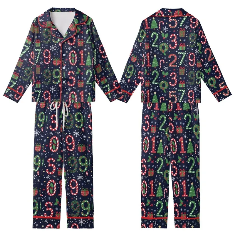 Holiday Enthusiasts' Whimsical Navy Blue Christmas Numerals Pattern with Holly Berries Snowflakes Candy Canes Kid Satin Pajamas Set - EVc7EK3Oet