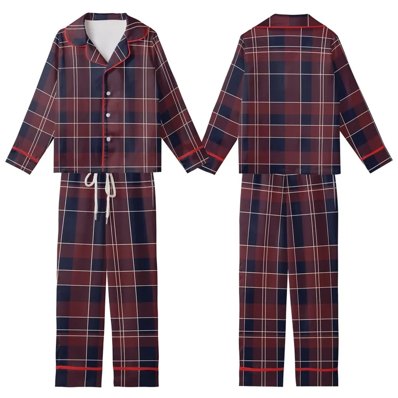 Classic Style Aficionados' Heritage Tartan Plaid Deep Maroon Navy Blue Cream Geometric Pattern Kid Satin Pajamas Set - 1