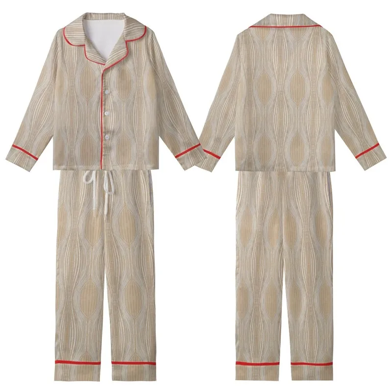 Women's Minimalist Ribbed Loungewear: Oatmeal Knit Texture Design Set Kid Satin Pajamas Set - 1
