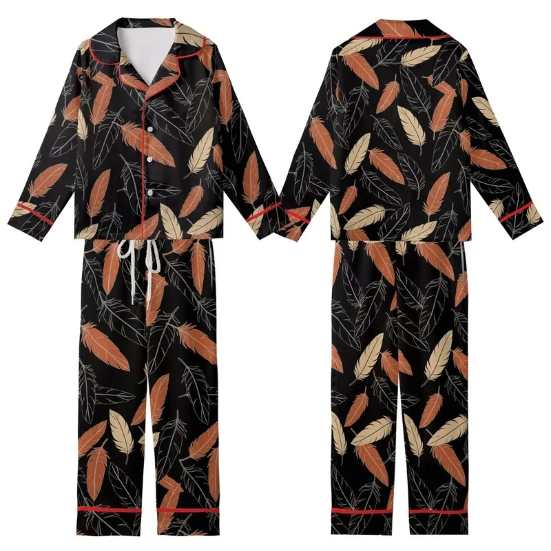 Women's Black Real Ostrich Feather Trim Full Length Polyester Blend Pajama Set Kid Satin Pajamas Set - 1