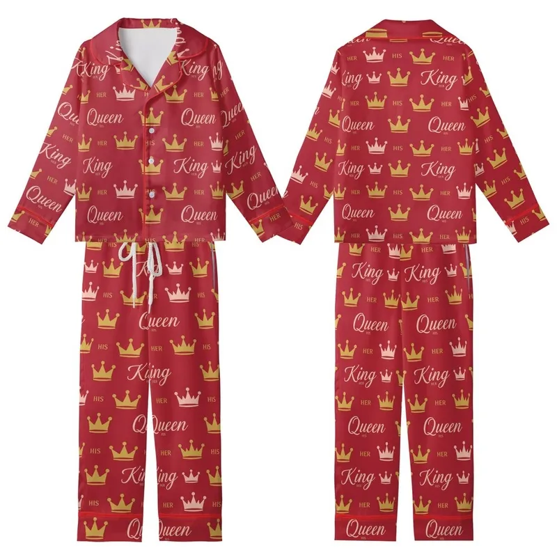 Royal Style Enthusiasts' Ruby Red King Queen Crown Matte Gold Rose Gold Script Seamless Pattern Kid Satin Pajamas Set - U-vKx_euIs