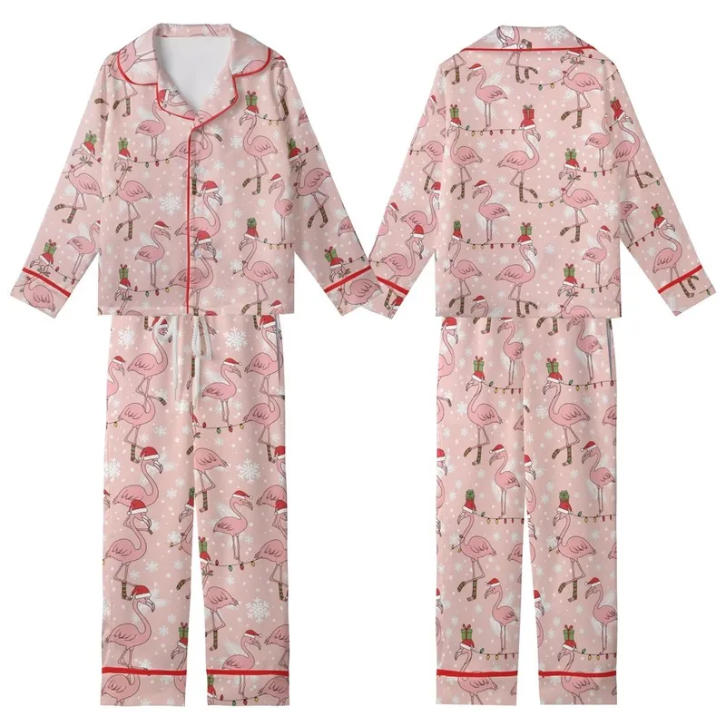 Women's Whimsical Pink Flamingo Christmas Sleep Set: Santa Hat & String Light Holiday Pattern Kid Satin Pajamas Set - 1