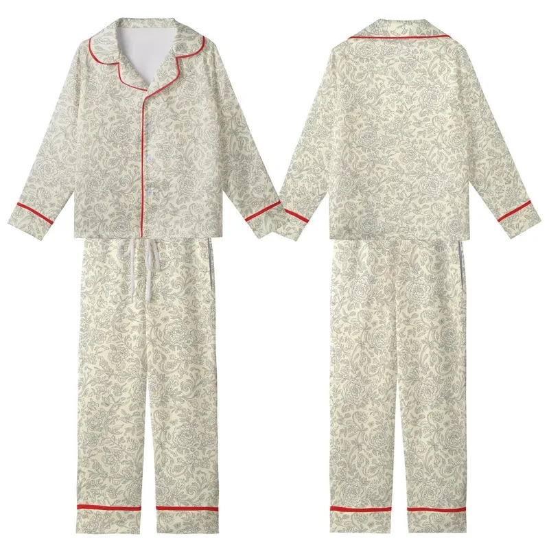 Women's Creamy Yellow Slate Grey Botanical Etching Rose Peony Butterfly Vine Pattern Kid Satin Pajamas Set - 1