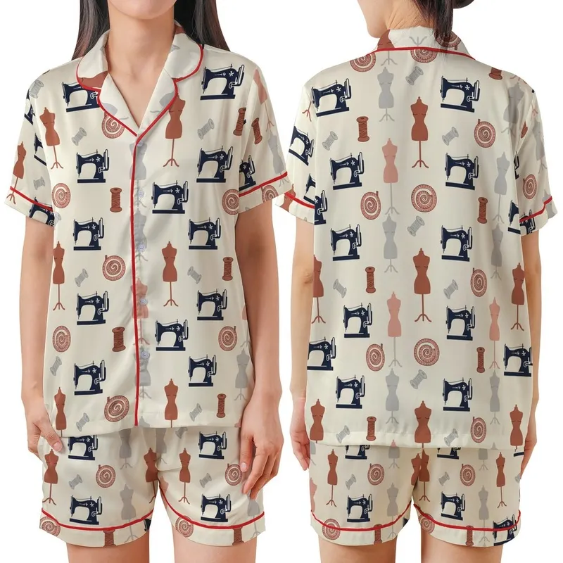 Sewing Enthusiasts' Retro Illustrative Pale Cream Navy Grey Pink Vintage Sewing Machine & Spools Pattern Satin Short-Sleeve Pajamas Set - rF5Ek2YsLM