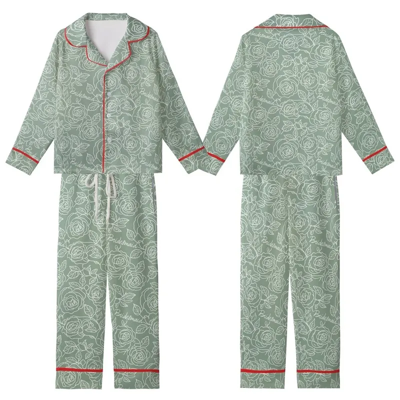 Bridesmaid Personalized Satin Pajama Set: Sage Green Rose & Leaf Pattern with 'Love' Script Kid Satin Pajamas Set - kKVQ9VXFdr
