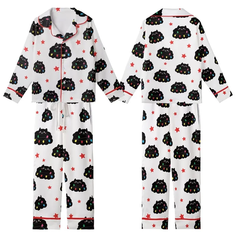Family Long Sleeve Pajama Set: Whimsical Fluffy Black Cat Christmas Lights & Stars Pattern - Soft Polyester Spandex Sleepwear Kid Satin Pajamas Set - 1