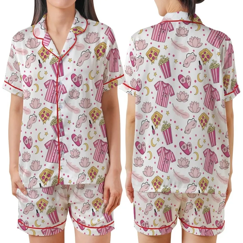 Teen Tween Pink Slumber Party Sleep Set: Playful Pizza, Pajama, Popcorn & Star Pattern Satin Short-Sleeve Pajamas Set - NCG3C0GJKB