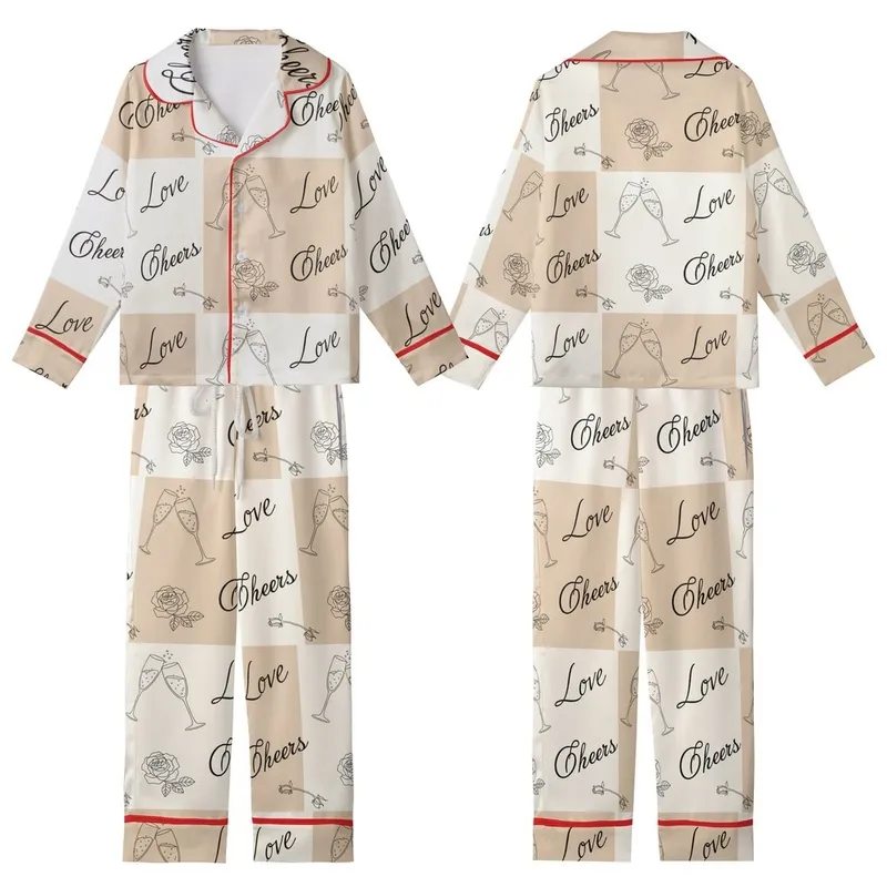 Bridesmaid Satin Pajamas: Champagne Flute & Rose Pattern – Bridal Sleep Set Kid Satin Pajamas Set - 1