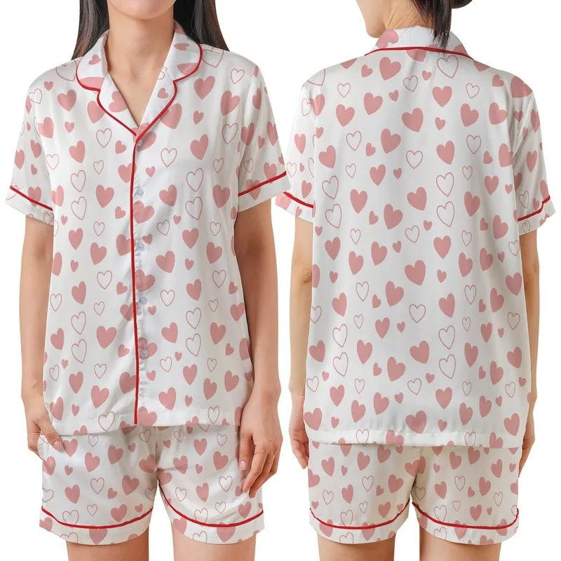Women's White Crinkle Muslin Pajamas: Pink Heart Pattern - Organic Cotton 3-Piece Set Satin Short-Sleeve Pajamas Set - 1