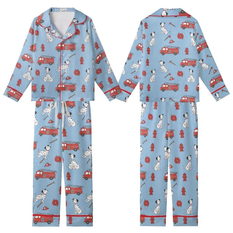 Family Christmas Pajamas: Whimsical Fire Truck Dalmatian Pattern Long Sleeve Matching Sleep Set Kid Satin Pajamas Set - 1