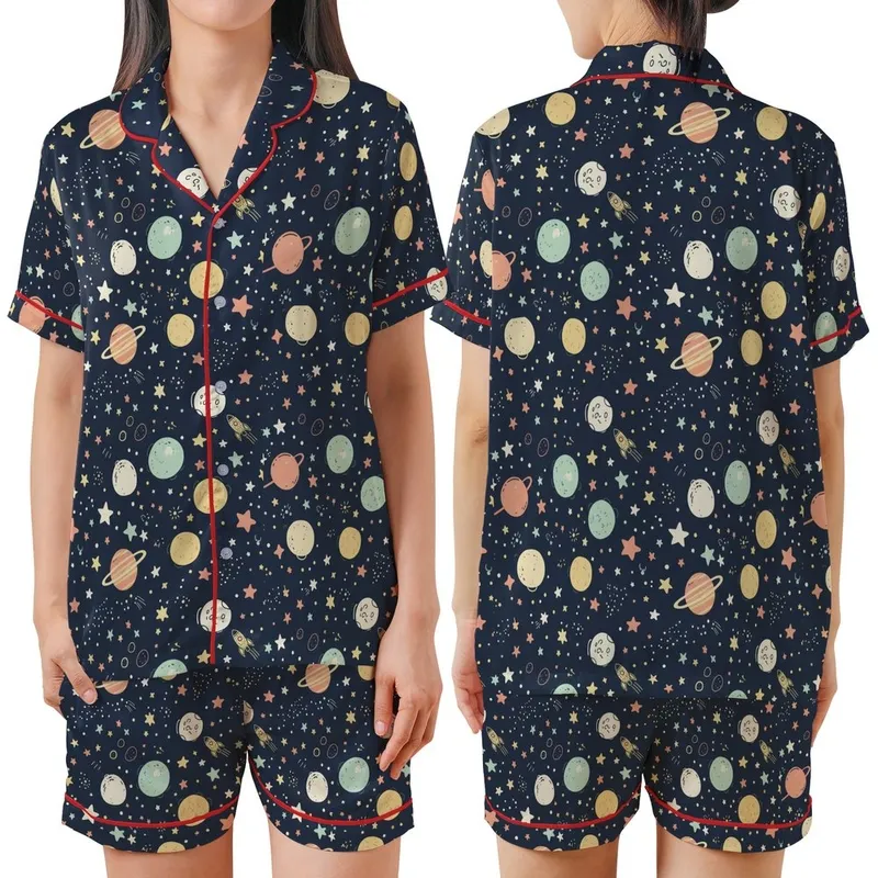 Youthful Spirits' Whimsical Cosmic Pattern with Muted Pastel Planets and Multi-Color Stars on Deep Slate Blue Satin Short-Sleeve Pajamas Set - 1