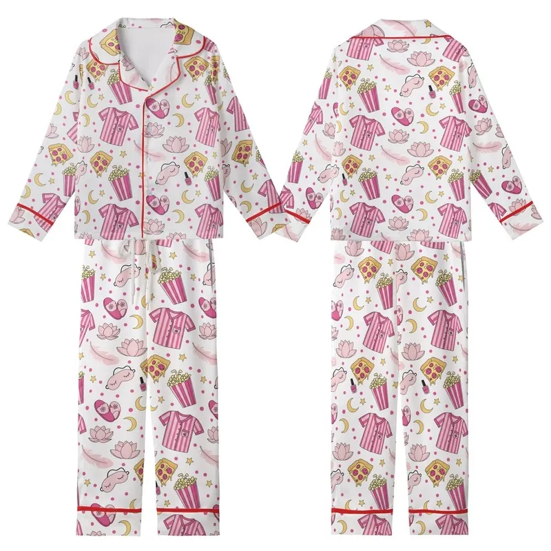 Teen Tween Pink Slumber Party Sleep Set: Playful Pizza, Pajama, Popcorn & Star Pattern Kid Satin Pajamas Set - 1