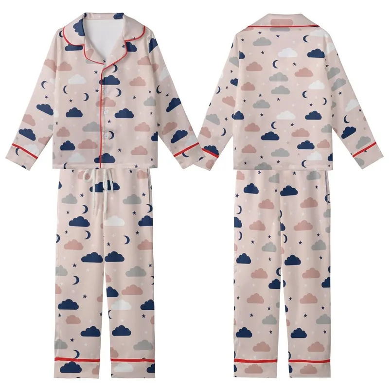 Gentle Aesthetic Lovers' Delicate Illustrative Pale Pink Muted Grey Navy Celestial Organic Pattern Kid Satin Pajamas Set - a1CfWI_WmU