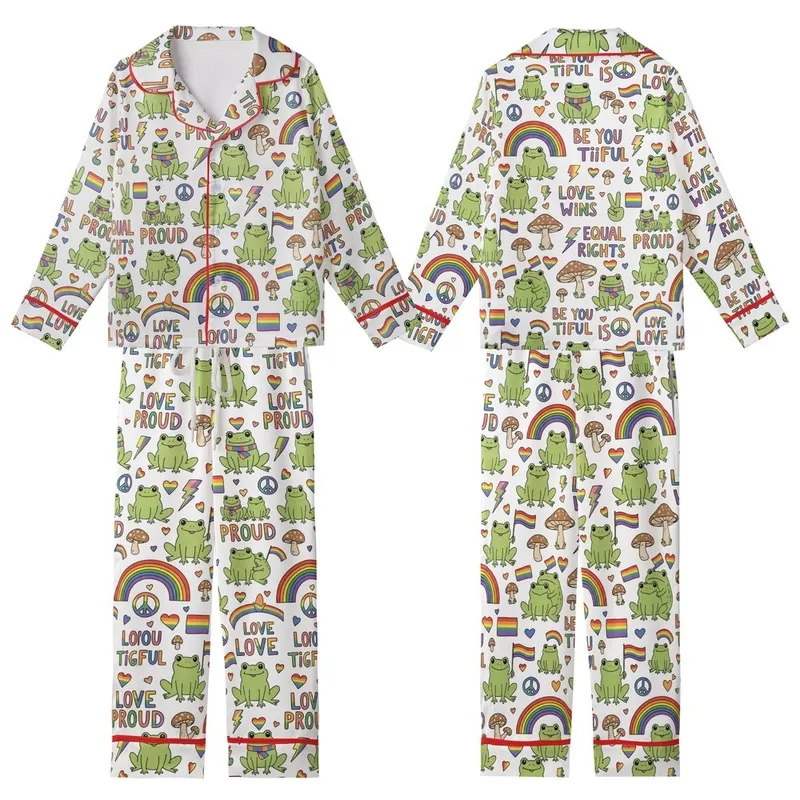 Uplifting Art Lovers' Whimsical Frogs & Rainbow Symbols Pattern, Affirmation Text in Vibrant Green, Full Spectrum Colors Kid Satin Pajamas Set - 1