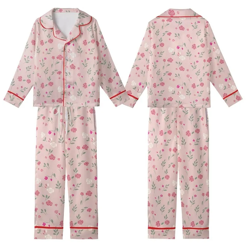 Bridesmaid & Bride Ruffle Tie Tank Set: Whimsical Blush Rosebud Floral Satin Pajamas Kid Satin Pajamas Set - 1
