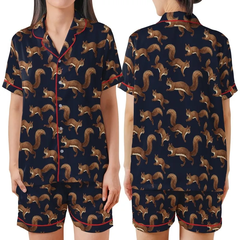 Nature Lovers' Realistic Warm Brown Squirrels Dark Navy Seamless Climbing Wildlife Pattern Satin Short-Sleeve Pajamas Set - 1