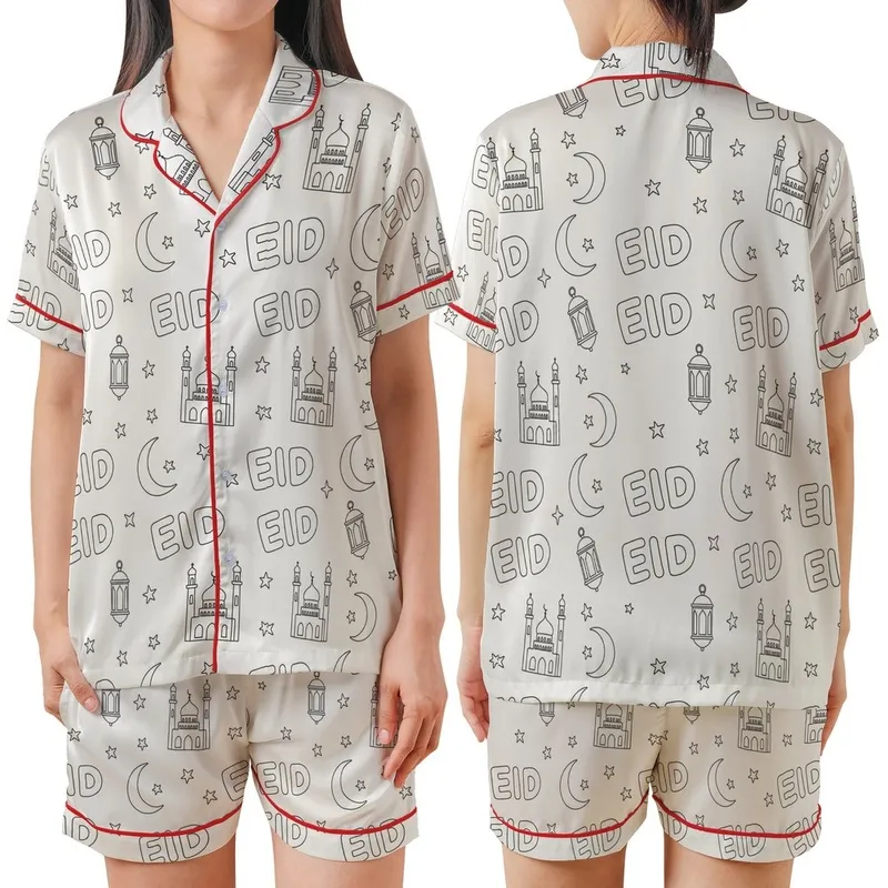 Playful Eid Celebration: Hand-Drawn Mosque & Moon Outline Art Print Satin Short-Sleeve Pajamas Set - 1