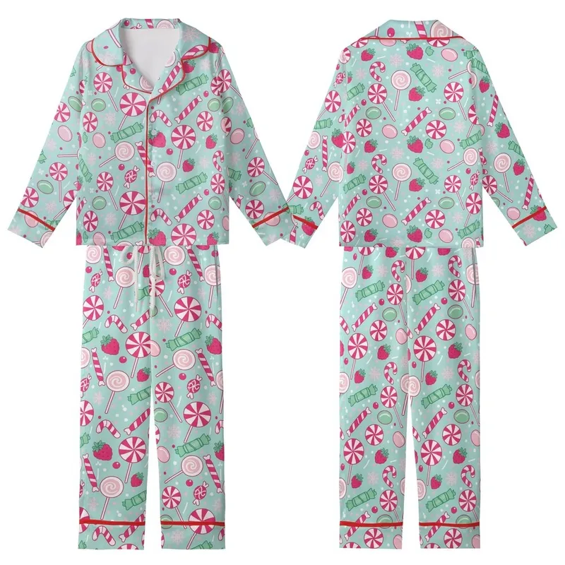 Family Matching Holiday: Whimsical Lollipop, Candy Cane & Snowflake Aqua Print Pajamas Kid Satin Pajamas Set - 1