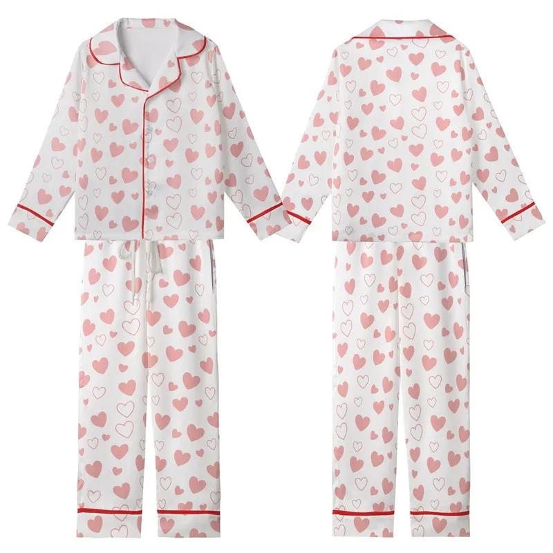 Women's White Crinkle Muslin Pajamas: Pink Heart Pattern - Organic Cotton 3-Piece Set Kid Satin Pajamas Set - 1