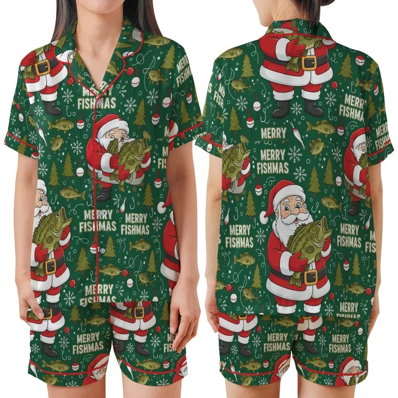 Fisherman Bass Angler Christmas Pajamas: Merry Fishmas Santa & Bass Pattern Sleepwear Satin Short-Sleeve Pajamas Set - 1