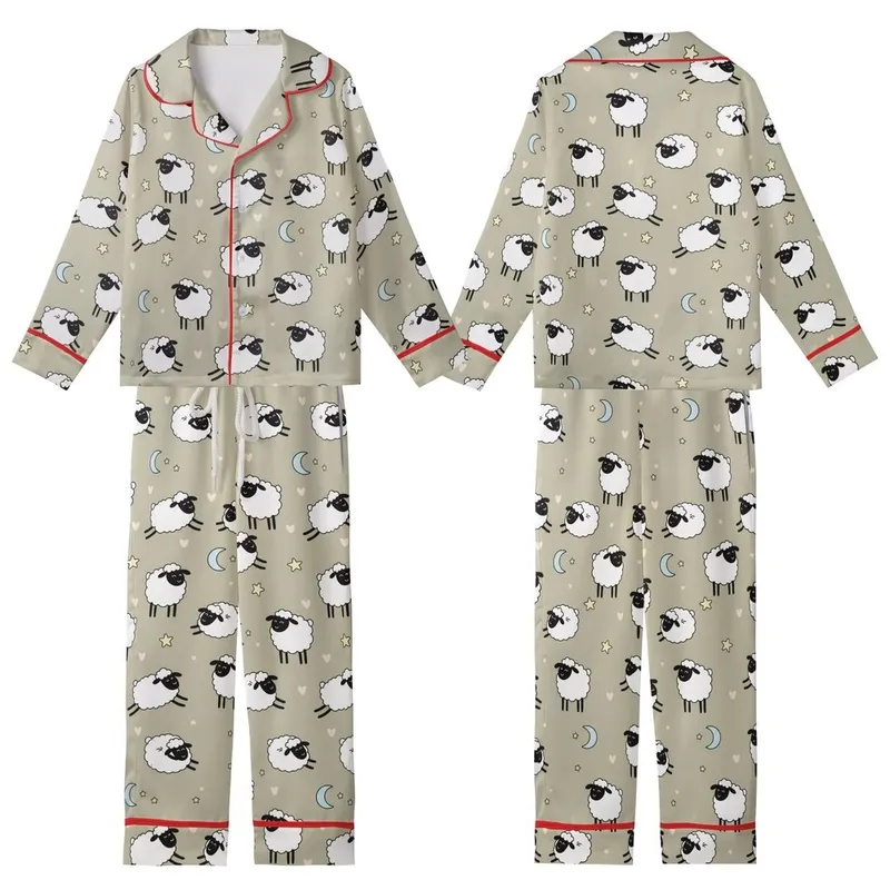 Farmer Girl's Sheep Pajama Set: Cute Cartoon Lambs & Stars Pattern - Soft Poly-Spandex Sleepwear Kid Satin Pajamas Set - 1