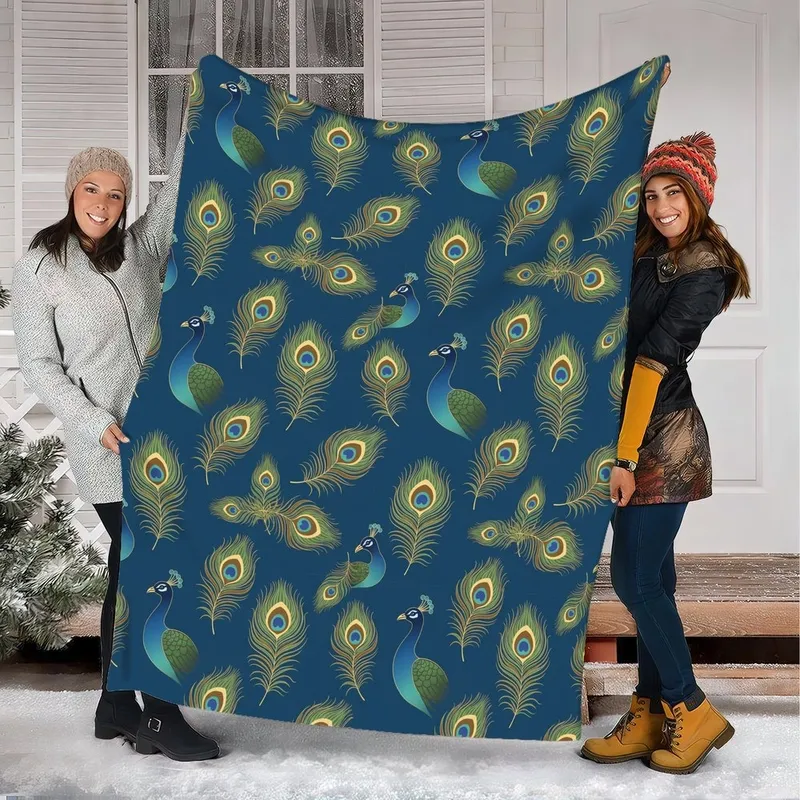 Luxury Style Seekers' Elegant Stylized Peacock Feather All-Over Pattern in Deep Blue and Gold Fleece Blanket - 1
